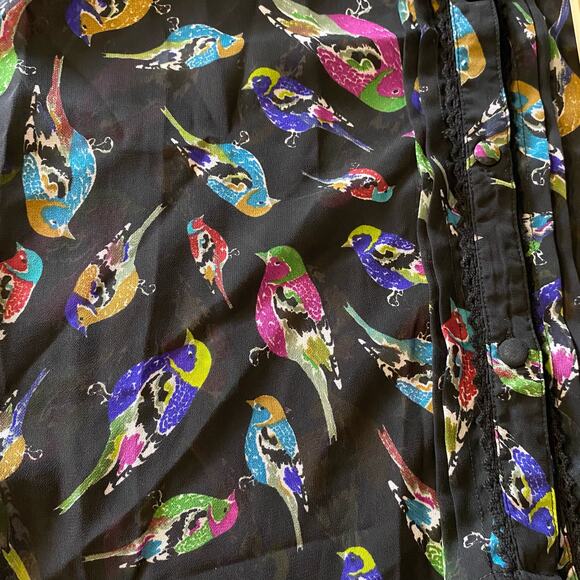 Uttam Boutique Sheer Blouse Size Medium Colorful Bird Tie Neck Button Down - Picture 13 of 15